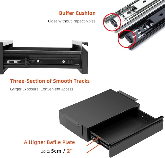 Under Desk Drawer 18”, Under Cabinet Counter Mount Pencil Drawer | Black Normal 1 Pack, Under Workbench Tool Storage Hanging Metal Drawer, Large Standing Desk Organizer for Flat Bottom Table - Image 4