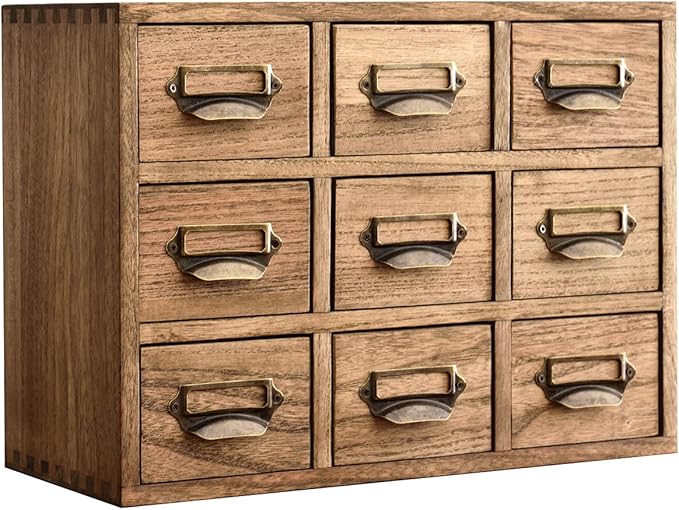 KIRIGEN Wooden Desk Organizer with 9 Drawers, Storage Cabinet, Brown | Solid Wood Desktop Organizer with Metal Label Handles for Office Supplies, Crafts, Tea Bags, Makeup, Fully Assembled by KIRIGEN