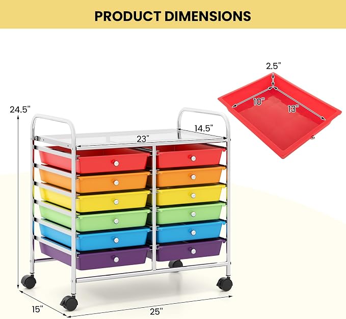Giantex 12 Drawers Rolling Cart, Mobile Storage Drawer Cart, Classroom Organizer Cart for Office School Supplies Tools Scrapbook Paper Craft Small Printer, Utility Cart on Wheels, Multicolor - Image 3