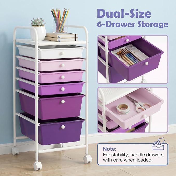 COSTWAY 6-Drawer Rolling Storage Cart, Art Craft Tools Organizer on Wheels | Multifunctional Heavy Duty Utility Mobile Storage Trolley w/ 2 Lockable Wheels for Home Office School (Purple Gradient) - Image 5