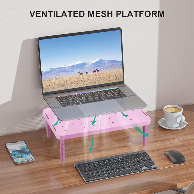 WALI Computer Monitor Stand for Desk, Adjustable Laptop Riser, up to 44 lbs | Desk Monitor Riser Underneath Storage, Fits Notebook, Laptops, Printers, for Home, Office, School (PTT001-P),1 Pack, Pink - Image 5