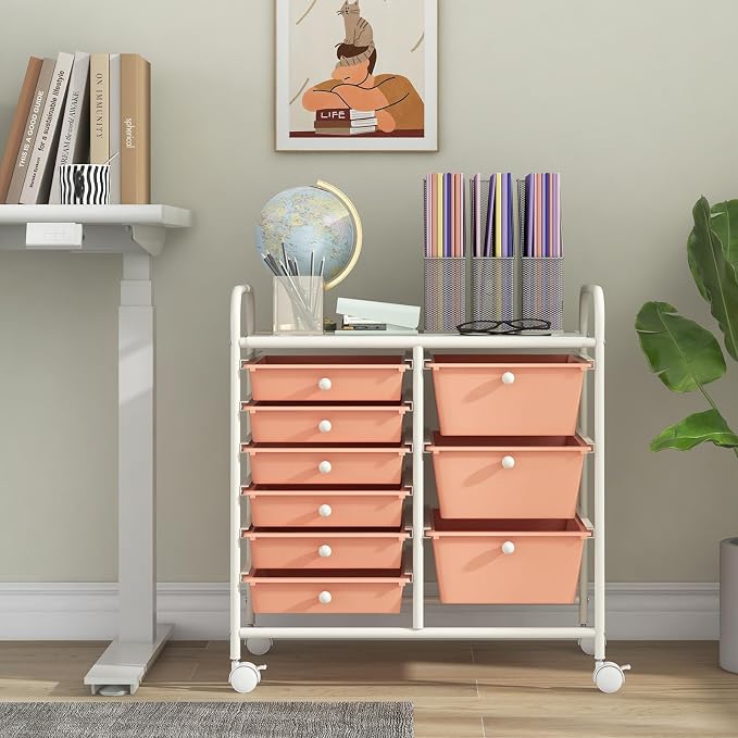 Giantex 9 Drawers Rolling Cart, Classroom Organizers, Storage Cart with Wheels, for Teacher Office Home School Supplies Tool Craft Art Paper, Peach Fuzz - Image 2