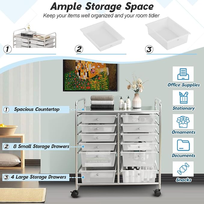 COSTWAY 12-Drawer Rolling Storage Cart, Moveable Art Craft Organizer | Lockable Wheels, Metal Shelf, Files Arrangement Tools Makeup Storage Cart for Office, Home, School (Clear) - Image 6