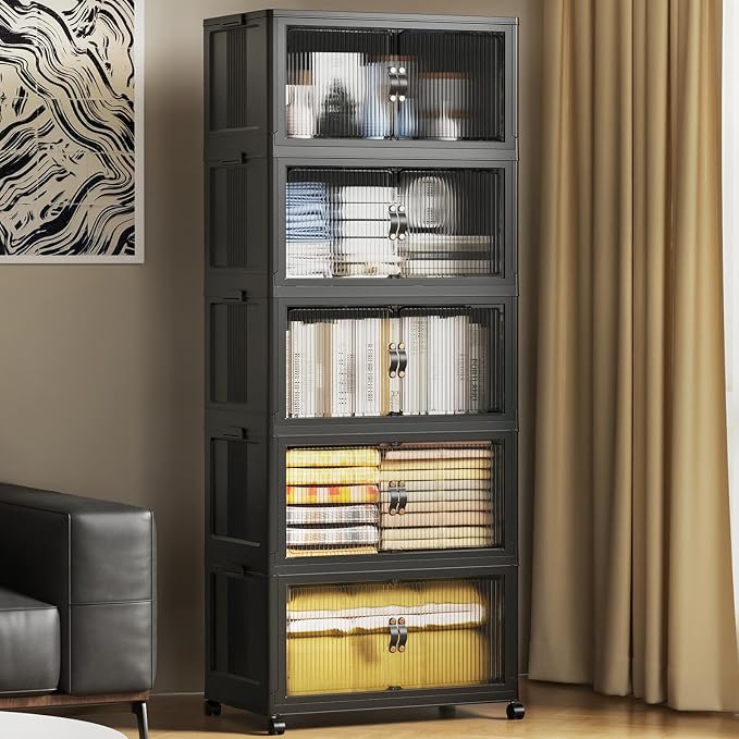 SAILUN 325Qt Stackable Storage Bins,Storage Cabinet with a Lid,5 Pack Black | Stackable Storage Drawers with Lids,22" W x 13" D x 62" H,Featuring open-front Access for Clothes and Closet Storage by SAILUN