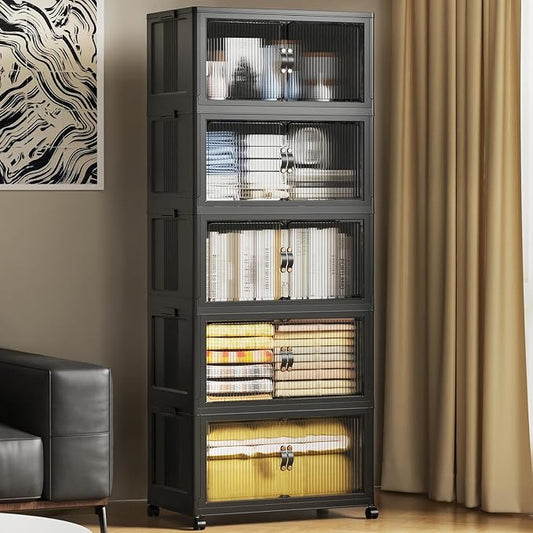 SAILUN 325Qt Stackable Storage Bins,Storage Cabinet with a Lid,5 Pack Black | Stackable Storage Drawers with Lids,22" W x 13" D x 62" H,Featuring open-front Access for Clothes and Closet Storage by SAILUN