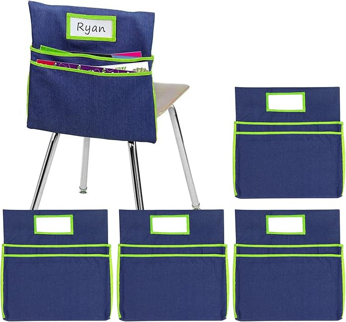 Auchq 16PCS Chairback Buddy Pockets Chart with 2 Heavy Duty Storage Pocket,School Supplies Chair Back,Standard Denim Storage Organizer for Classroom Chair (Green) by Auchq