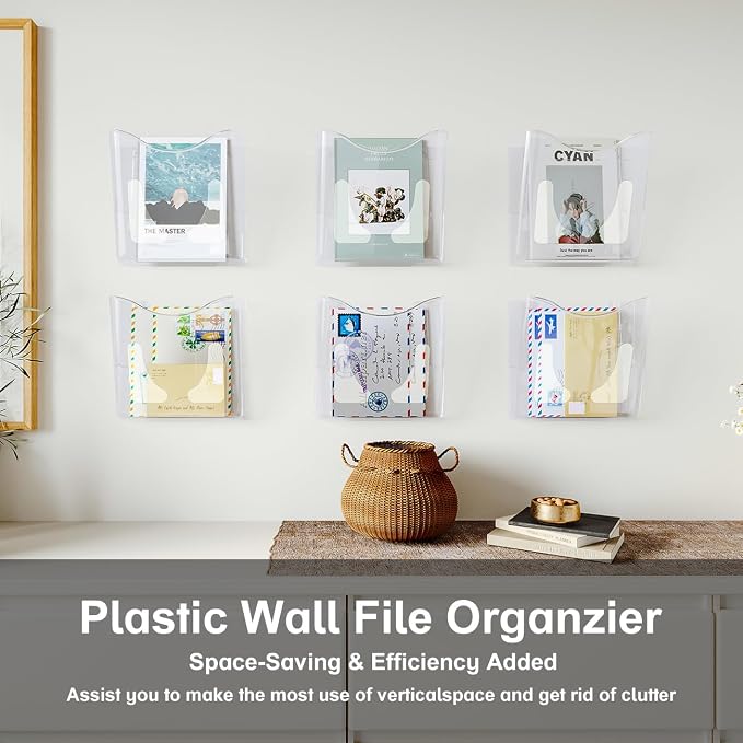 6-Pocket Clear Wall Mount File Organizer for Office, Vertical Hanging Document Paper Folder Holder for Home, Letter Size Mail Sorter, Transparent Magazine Literature Rack with Mounting Hardware - Image 7