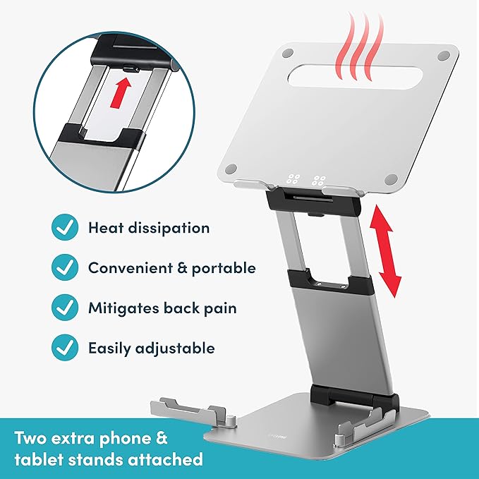 Lifelong 20" Tall Adjustable Laptop Stand with Phone & Tablet Holder | Ergonomic Aluminum Laptop Riser, Portable Foldable Computer Stand, Fits 10-17” Laptops for Desk - Image 4