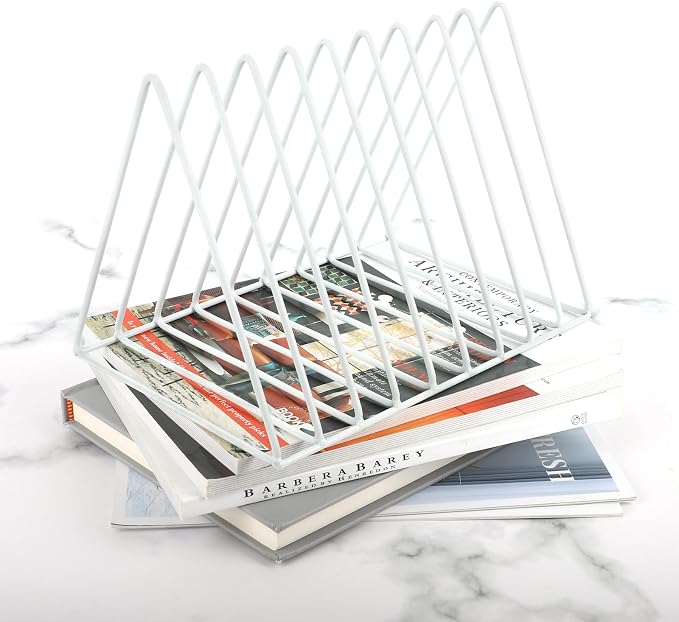Vinyl Record Holder Storage, 9 Slot Metal Magazine Book Album Display Rack, Stylish Triangle Desktop File Sorter Organizer for Home Office, White Pack of 2 - Image 5