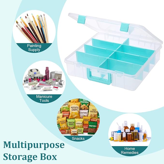 BTSKY Clear Plastic Dividing Storage Box with 8 Compartments Adjustable Storage Bin with Lid Portable Craft Storage Container Multipurpose Sewing Box Art Supply Organizer, 15.1x13.9x3.5 Inches | 15.1x13.9x3.5 Inches Adjustable Storage Bin with Lid Port... - Image 7