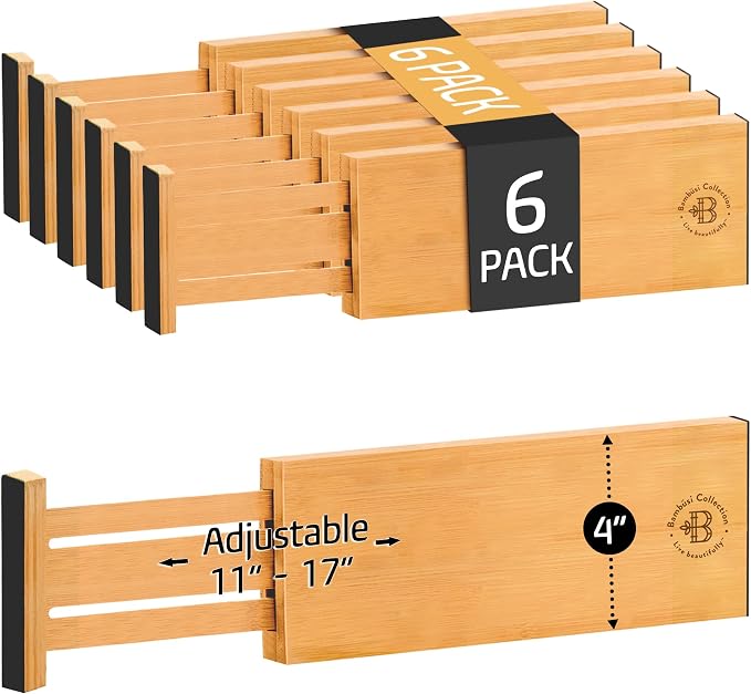 6-Pack Deep Drawer Dividers 4-Inch High Dresser Drawer Organizer, Bamboo | Adjustable 11.5-17 Inch Spring-Loaded Separators for Clothes, Utensils, Socks, Bedroom, Bathroom, Kitchen, Office, No Tools - Image 9