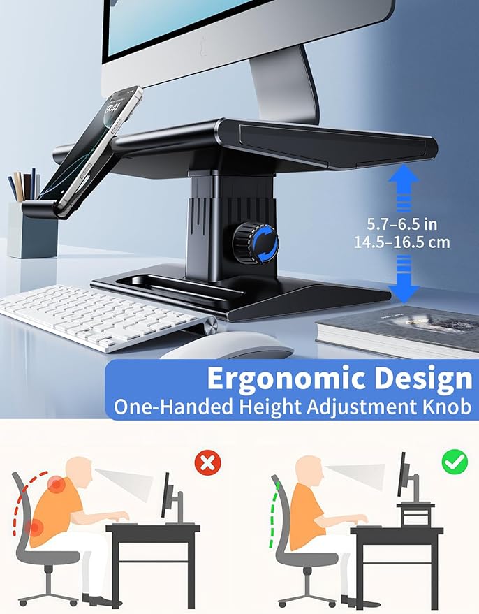 Computer Monitor Stand Riser for Desk,5.7-6.5 Inches Height Adjustable with Storage Drawer & Phone Holder,Workspace Desktop Organizer Monitor Stands Risers Shelf for Computer,Laptop,Printer,TV - Image 3