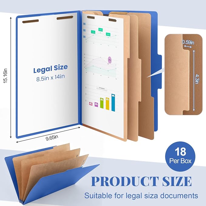 AmazingSpark 18 Pcs 3 Dividers Legal Size Classification Folders Bulk Pressboard File Folder with Expansion 2 Prongs Fastener Heavy Duty Office File Organizer for School Hospitals Home (Dark Blue) - Image 2