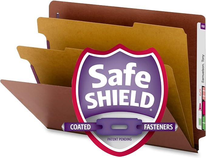 Smead 100% Recycled End Tab Pressboard Classification File Folder with SafeSHIELD Fasteners, 2 Dividers, 2" Expansion, Letter Size, Red, 10 per Box (26860) - Image 4