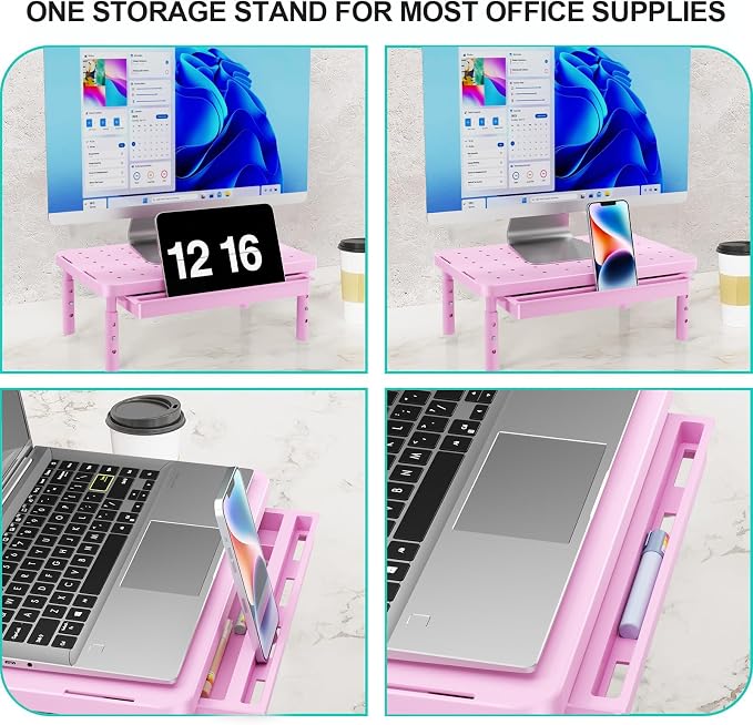 WALI Computer Monitor Stand with Storage, Monitor Riser 3 Height Adjustable | Laptop Riser with Airflow Vents, Desk Organizer for Computer, Printer, Notebook (PTT002-P), 1 Pack, Pink - Image 3