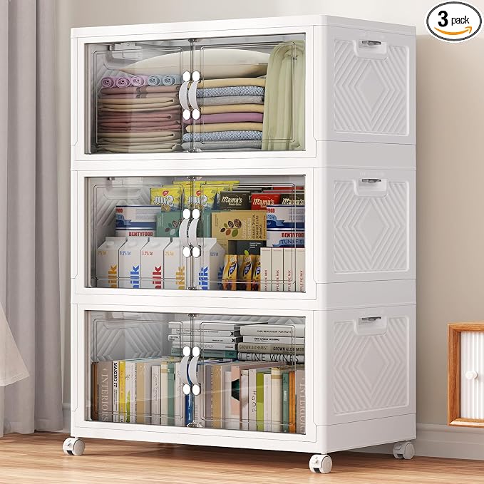 BROVIEW 300QT Large Stackable Storage Bins with Clear Doors, V20 3Pack | 75Gal Plastic Closet Organizer Cabinet with Lid and Wheels, Collapsible Latch Box Folding Drawer for Home, White by BROVIEW-EnjoytheArtofLife