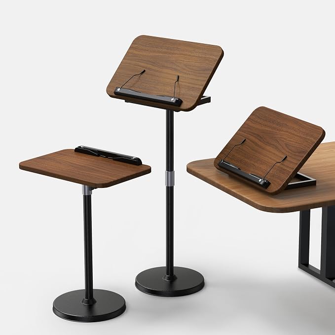 2-in-1 Floor & Desktop Book Stand with Large 16.5"x11.8" Wood Panel | Height Adjustable 16.5"-51" Ergonomic Bookstand with Page Clips for Textbooks, Music Sheets, Recipes, Laptops (Walnut Finish) by NAMON
