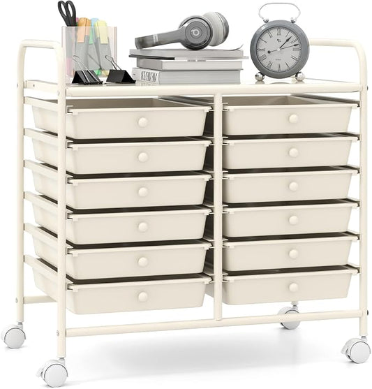 Giantex 12 Drawers Rolling Cart, Mobile Storage Drawer Cart, Classroom Organizer Cart for Office School Supplies Tools Scrapbook Paper Craft Small Printer, Utility Cart on Wheels, White by Giantex
