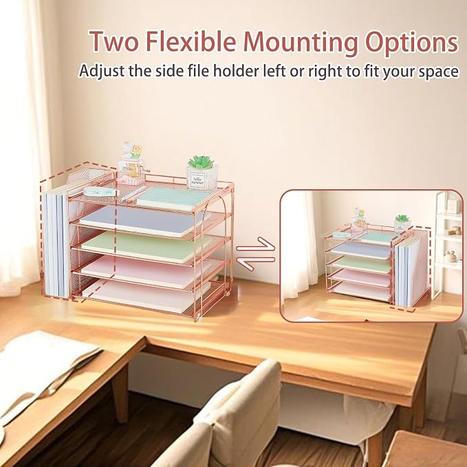 AUPSEN Rose Gold Desk Organizers and Accessories, 5-Tier Desktop Paper File Organizer with Removable File Holder, Desk Accessories & Workspace Organization for Home Office Supplies (Rose Gold) - Image 2