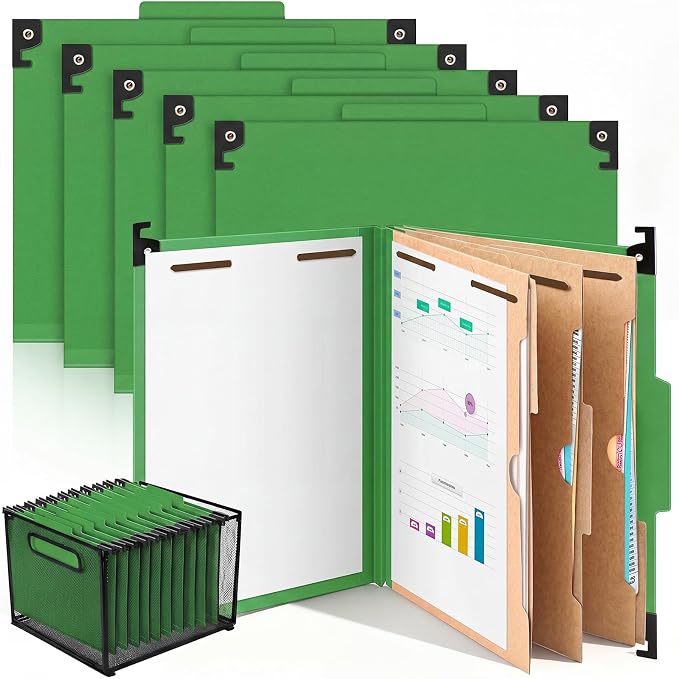 Henoyso 10 Pcs Hanging Classification Folders,3 Pocket Dividers,Green | Letter Size, Hanging File Folders with 3 Pockets, 4" Expansion, 8 Prong Fasteners, 1/3 Tab Cut, 8 Sections, Pressboard Manila by Henoyso