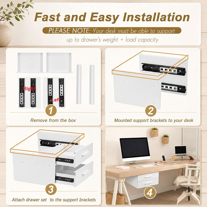 16'' Under Desk Drawer Slide-out Steel Under Counter Drawers Storage Organizer Large Hidden Pull-out Tray for Table Desks Home Office Workstation(White,2 Layer) - Image 6