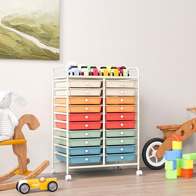 GOFLAME 20-Drawer Rolling Storage Cart, Multifunctional Art Craft Organizer Cart, Mobile Utility Storage Cart with Removable Drawers & Lockable Wheels, Craft Cart for Home Office School, Macaron Color - Image 8
