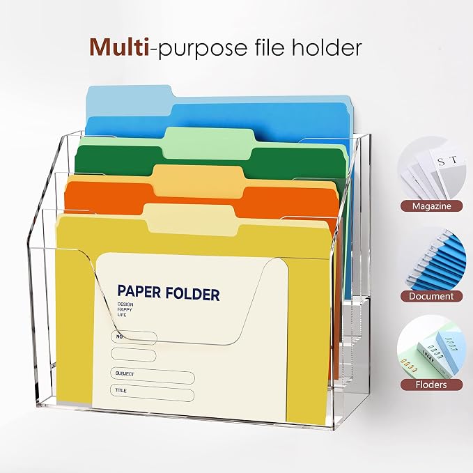 DINGHUO Acrylic Desk File Mail Organizer Wall Mounted, 4-Tier Hanging File Folder Holder, Clear Office Magazine Rack (Adhesive Hooks x 2) - Image 4