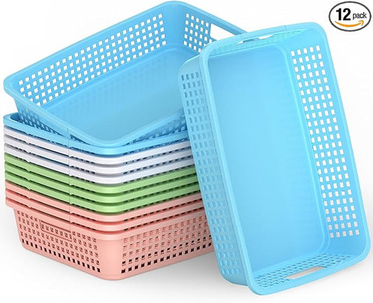 12 Pack Classroom Storage Baskets 15''x10''x3'' Large Plastic Paper Trays with Handle Letter Size A4 Paper Toy Basket Turn in Trays for Library Office Desk Drawer Organizing (12, Pastel Color) by BeapTcely