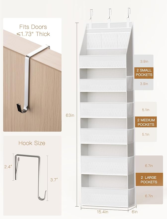 Over the Door Organizer, Heavy-Duty 6-Shelf Hanging Storage with 13 Mesh Pockets, 55lbs Capacity Behind the Door Storage for Nursery, Bathroom, Bedroom, and Dorm, White - Image 6
