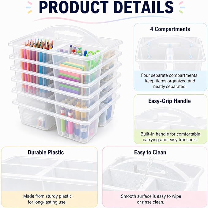 6 Pack Assorted Colors Classrooms Caddy 4 Compartment Classroom Caddy Compartment Caddies Set Table Caddies Classrooms with Handle for Classroom Organization Table Desk Office Supplies(clear) - Image 3