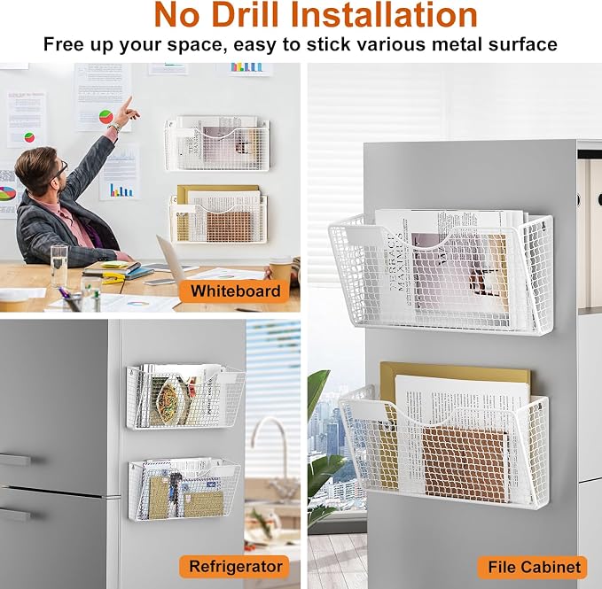 MFTEK Magnetic File Holder, 2 Pockets Wall File Folders Holder No Drilling Magnetic Paper Mail Organizer Magazine Basket, Hanging Storage Rack for Fridge Cabinets Office Classroom(White) - Image 4