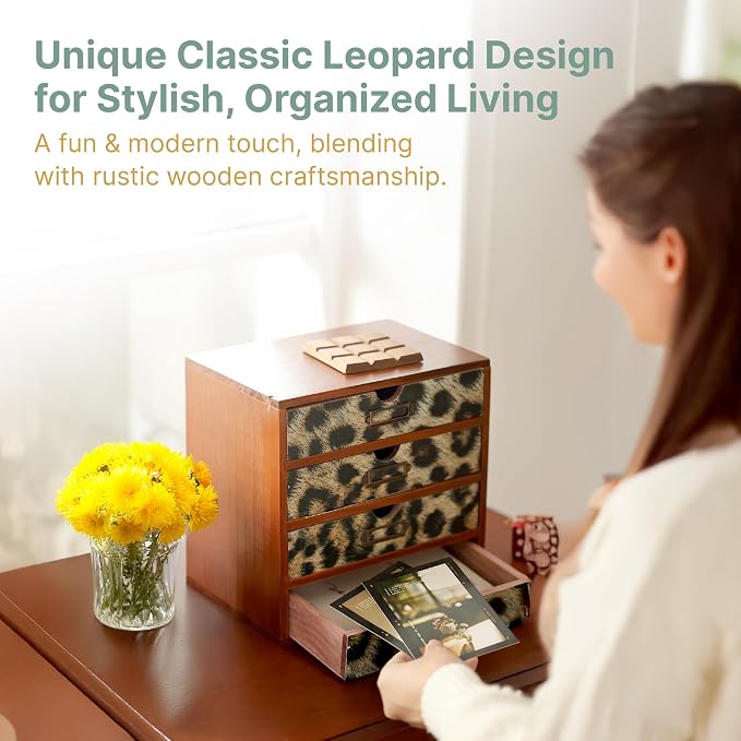 Classic Leopard Print Wooden Desk Organizer - 4-Drawer Desktop Storage - Rustic Wood Cabinet for Office Supplies, Craft Tools, & Home Organization - Luxurious Drawer Unit - Image 5