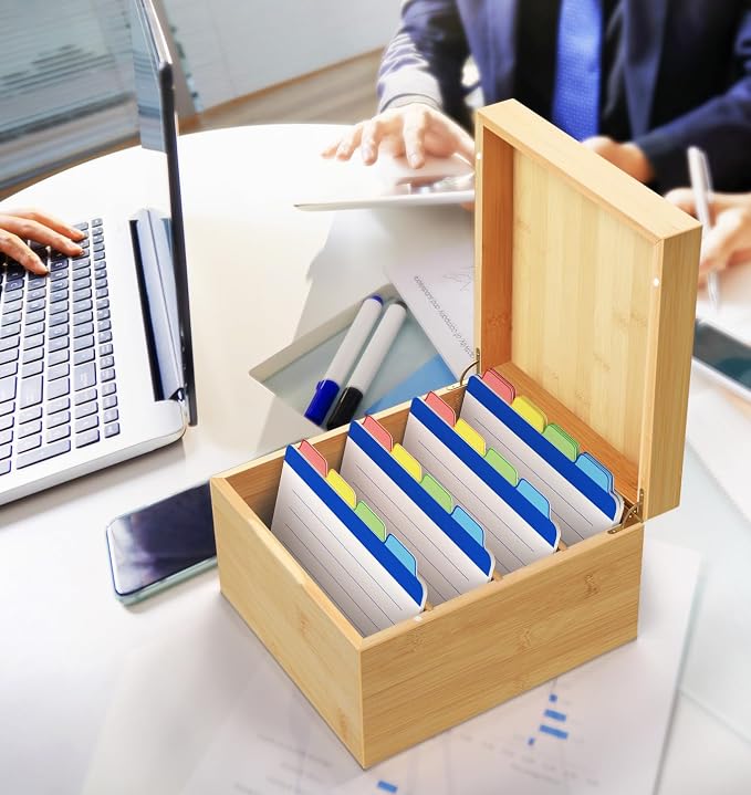 Neando Extra-Large Bamboo Index Card Organizer for 5x8 Cards – Wooden Storage Box with Lid, 4 Compartments, 600-Card Capacity, Includes 20 Tabbed Guides – Natural Filing Box for Home & Office - Image 6
