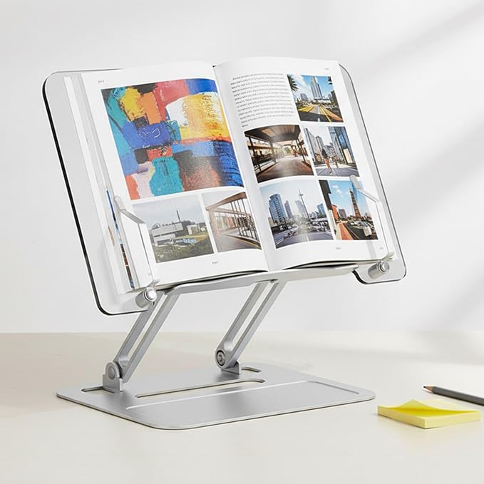 Acrylic Adjustable Book Stand, Reading Stand with Lift Design, High-Density Alloy Desktop Document Holder for Document Recipe, Cookbook, Music Book (Silver) by HomDSim