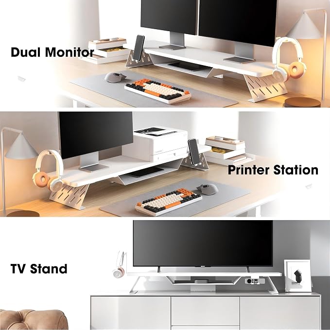 Fenge Dual Monitor Stand, Wooden Desk Shelf with Headphone & Phone Holder | 42.5" Monitor Riser with Storage Shelf, 2-Tier Monitor Shelf with Metal Leg for Home Office Organizer, White - Image 8