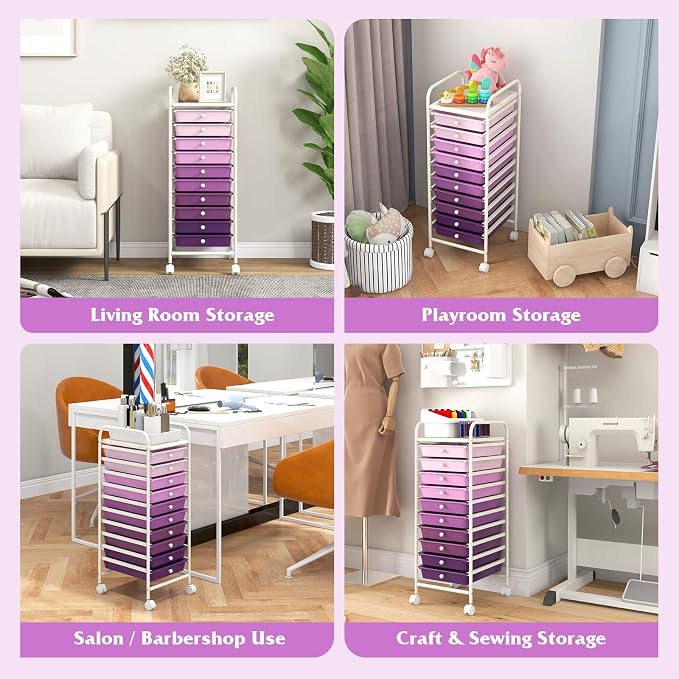 Giantex 10-Drawer Storage Cart w/Universal Wheel, Rolling Cart w/Handle, Home Organizer Storage Unit w/Removable Drawers, Trolley Utility Cart for Kitchen Makeup Living Room Office Play Room - Image 4