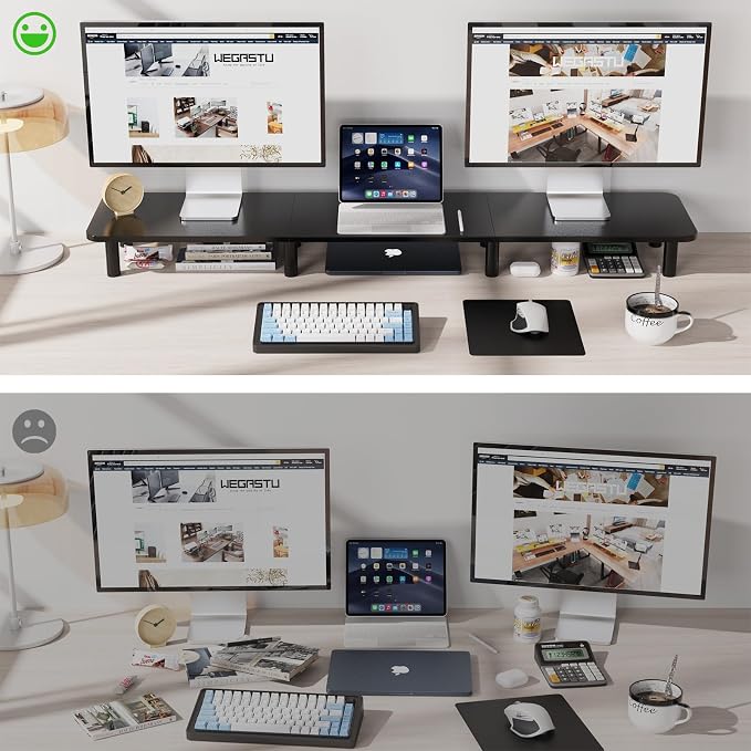 43.7" Extra Long Dual Monitor Stand Riser, Wood & Steel Monitor Stand for 2 Monitors, Wide TV Stand, Desktop Riser for Desk Organization, Home Office，Laptop,Printer,TV (Black) - Image 4