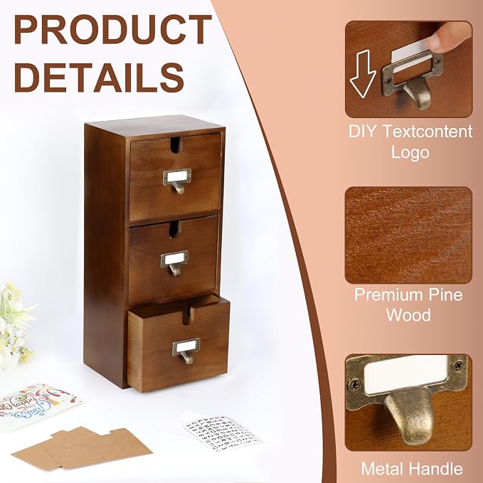 3 Tier Index Card Holder 3x5 Wooden Card Catalog Box with 3 Drawers Brown Index Card Storage Box Flash Card Holder 25 Index Card Dividers 2 Letter Smile Stickers for Office - Image 3