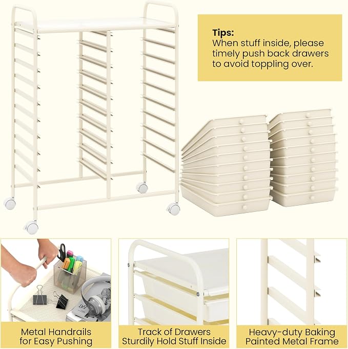 Giantex 20 Drawers Rolling Cart, Mobile Storage Drawer Cart, Classroom Organizer for Office School Supplies Tools Scrapbook Paper Craft Small Printer, Utility Stand on Wheels, Ivory White - Image 4