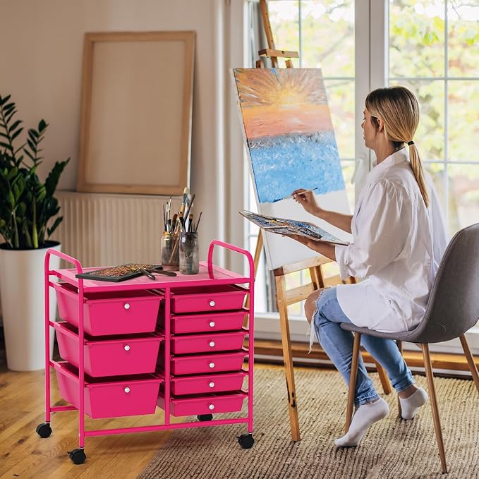 COSTWAY Rolling Storage Cart with 9 Drawer, Utility Cart with Metal Frame | Mobile Art Supply Craft Organizer, Multipurpose Storage Organizer for Paper, Office, School Teacher, Classroom, Hot Pink - Image 9