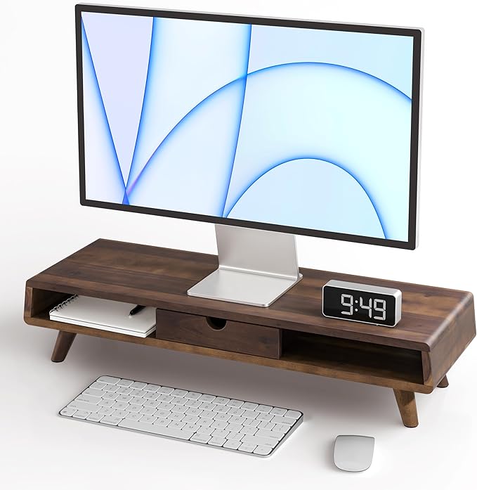 Tinamo Wood Monitor Stand with Drawer & Storage, Walnut Color (Patented) | Acacia Wood, Fits Monitors up to 32", Built-in Drawer, Hidden Storage, Non-slip, Round Edge, Ergonomic Height, Easy Assembly by TINAMO