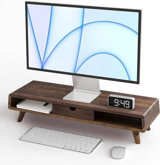 Tinamo Wood Monitor Stand with Drawer & Storage, Walnut Color (Patented) | Acacia Wood, Fits Monitors up to 32", Built-in Drawer, Hidden Storage, Non-slip, Round Edge, Ergonomic Height, Easy Assembly by TINAMO