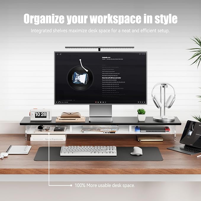 FENSULN Dual‑Tier Monitor Stand for Modern Desk Setup – Minimalist Wooden and Metal Riser Shelf with Transparent Acrylic Feet for Dual Monitors, Laptops, Home Office Aesthetic，Black and White - Image 2