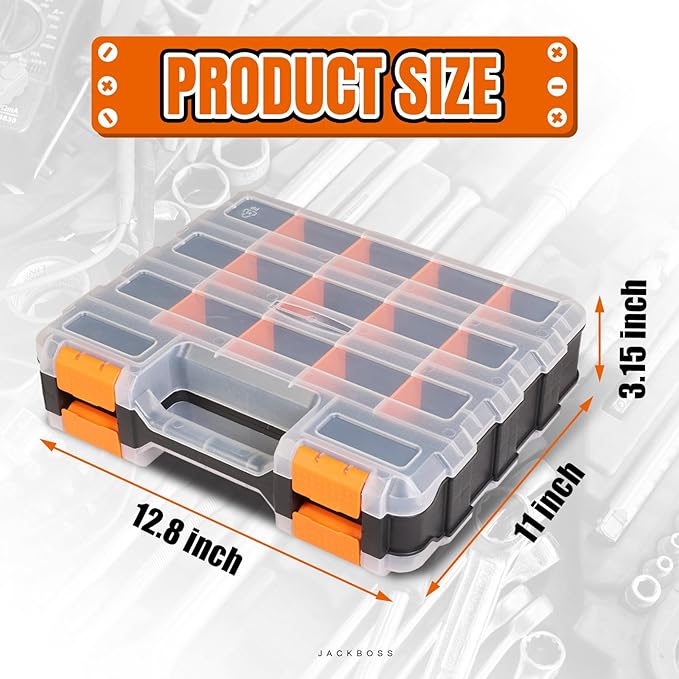 Jack Boss Tool Box with Transparent Lid, Double Side 34-Compartments Organizer Box with Removable Dividers for Hardware, Screws, Bolts, Nails, Beads, Jewelry and Fishing Accessories, Orange, 4 Pack - Image 2
