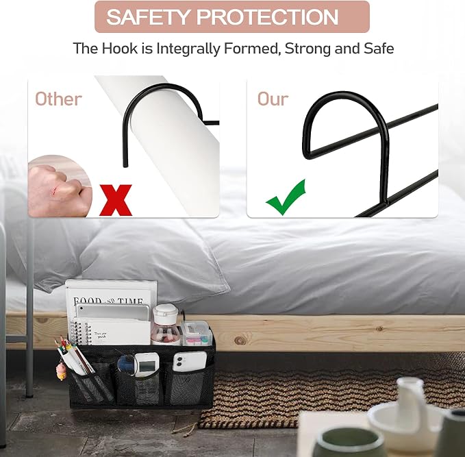 Bedside Caddy Bedside Hanging Organizer Bag with 3 Pockets for Dorm Hospital College Bunk Bed to Storage Books Phones Remote Control (Black) - Image 5
