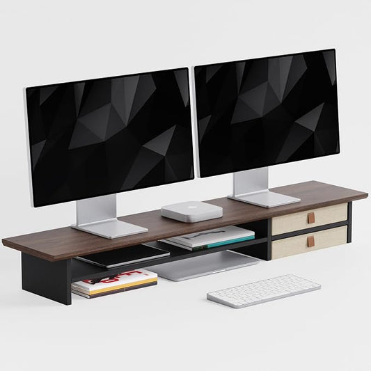 FENSULN Dual‑Tier Monitor Stand Riser with Drawers, Desktop Organizer Shelf Storage for Computer Screen 2 Monitors, Supports for PC Computer Monitor, Printer, Heavy TV Riser Brown and Black by FENSULN