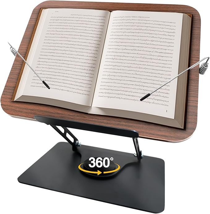Book Stand for Reading, Adjustable Book Holder with 360°Rotating Bases, Foldable Book Holders for Reading Hands Free with Elastic Page Clips,Fits for Book,Recipe,Music Scores, Kindle,Magazines,Tablets by Unknown
