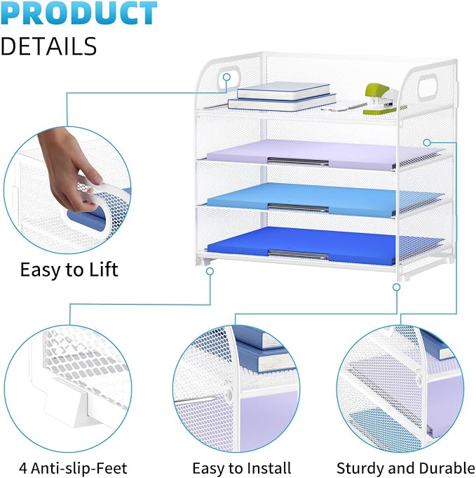 Marbrasse 2 Pack 4 Tier Paper Organizer Letter Tray - Mesh Desk File Organizer with Handle, Paper Sorter Organizer for Letter/A4 Office File Folder Holder (White, 12.6" x 9.1" x 10.7") - Image 4
