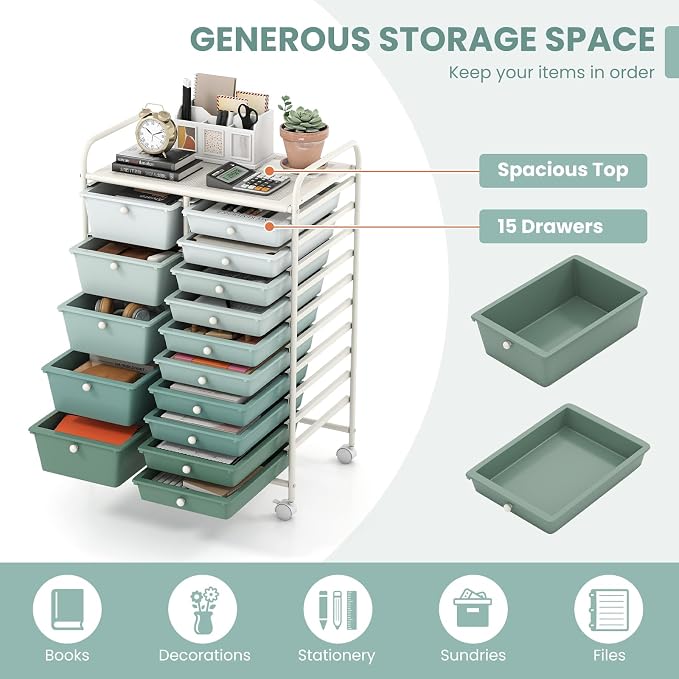 GOFLAME 15-Drawer Rolling Storage Cart, Craft Storage Cart with Removable Drawers & Lockable Wheels, Art Cart Supply Storage Organizer for Home Office Classroom, Green Gradient - Image 4