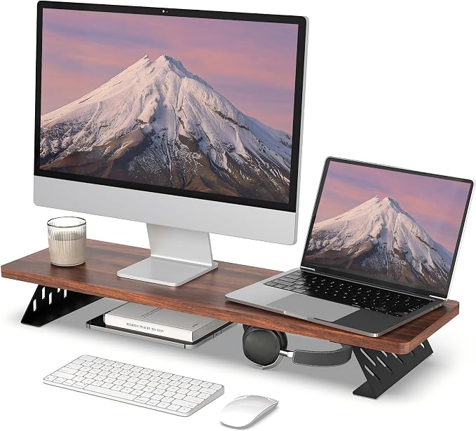 Fenge Monitor Stand Riser, Wooden & Metal Desk Shelf Organizer, Brown | 31.5in Computer Stand, Single Monitor Setup, for Compact Work Station, Multifunctional Monitor Shelf for Laptop, PC, Printer by Fenge